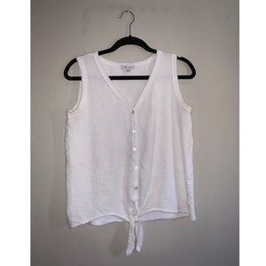 White textured Green Envelope button up tank top